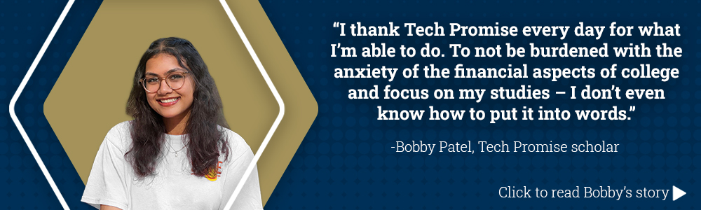 A photo of Bobby Patel linking to an article about her Tech Promise Story